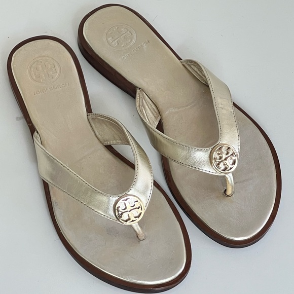 Tory Burch Benton Metallic Leather Thong Flip Flop Sandals 5M Spark Gold - Picture 3 of 12
